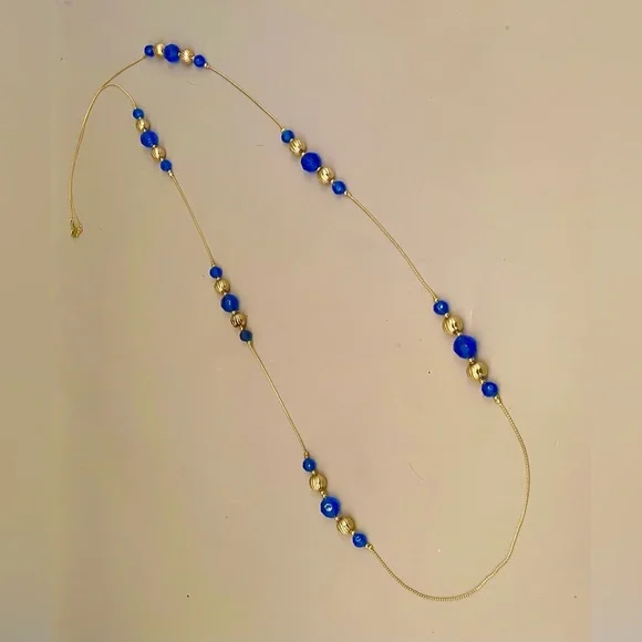 Vintage Cobalt Blue & Gold Bead Long Chain Necklace Gold Tone Plastic Metal - Picture 2 of 7